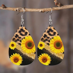Leopard Print Sunflower Faux Leather Earrings