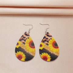Leopard Print Sunflower Faux Leather Earrings