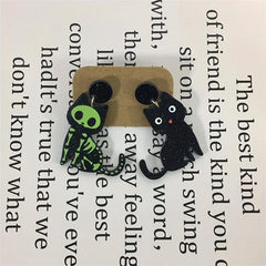 Cat Bone Green Eyes Dangling Earrings Halloween Acrylic Jewelry