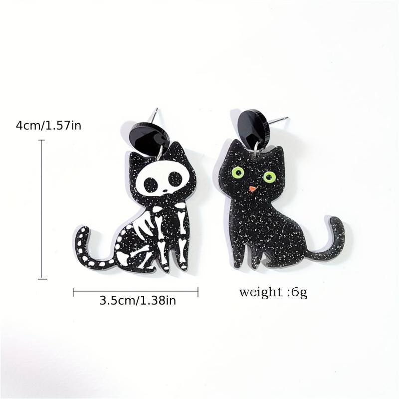 Cat Bone Green Eyes Dangling Earrings Halloween Acrylic Jewelry