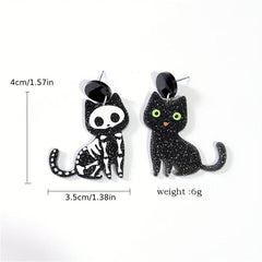 Cat Bone Green Eyes Dangling Earrings Halloween Acrylic Jewelry