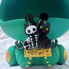 Cat Bone Green Eyes Dangling Earrings Halloween Acrylic Jewelry