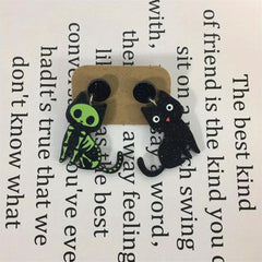 Cat Bone Green Eyes Dangling Earrings Halloween Acrylic Jewelry