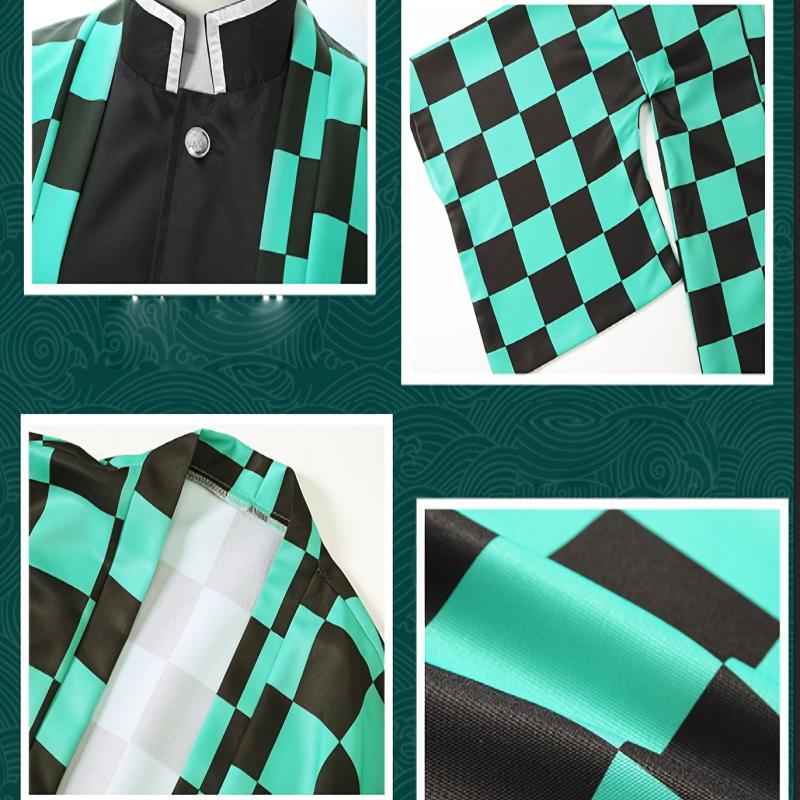 Anime Cosplay Costume Green Plaid Kimono Cape Jacket Pants Suit