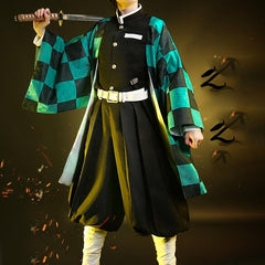 Anime Cosplay Costume Green Plaid Kimono Cape Jacket Pants Suit