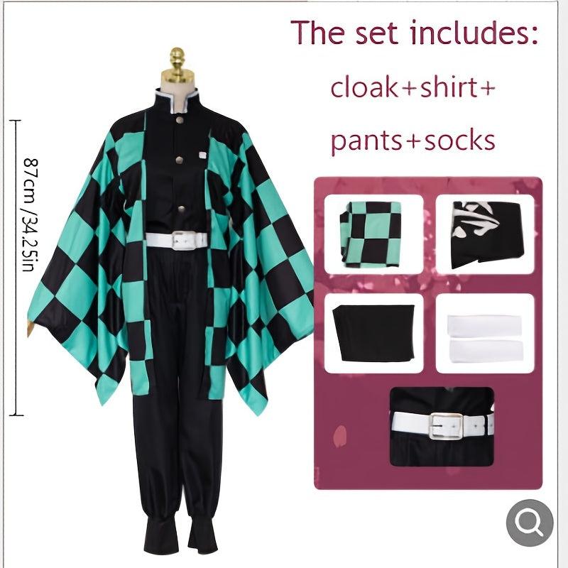 Anime Cosplay Costume Green Plaid Kimono Cape Jacket Pants Suit