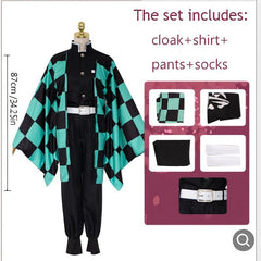 Anime Cosplay Costume Green Plaid Kimono Cape Jacket Pants Suit