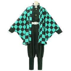 Anime Cosplay Costume Green Plaid Kimono Cape Jacket Pants Suit