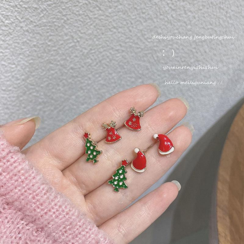 Women's Xmas 925 Silver Reindeer Tree Earrings Sweet Candy Creative
