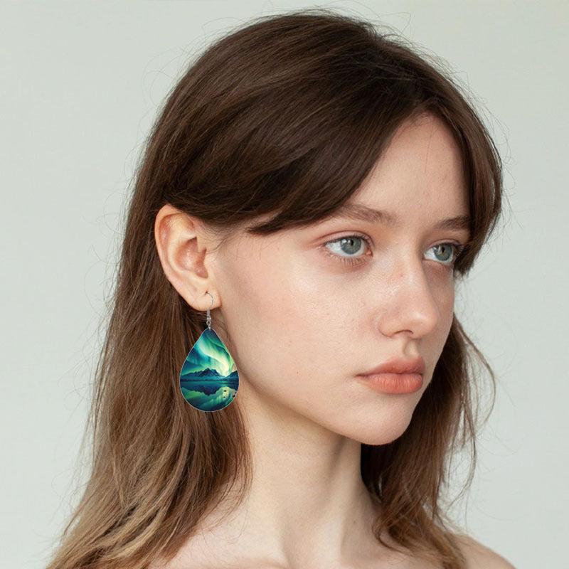 Green Aurora Reflection Drop Shaped Faux Leather Earrings