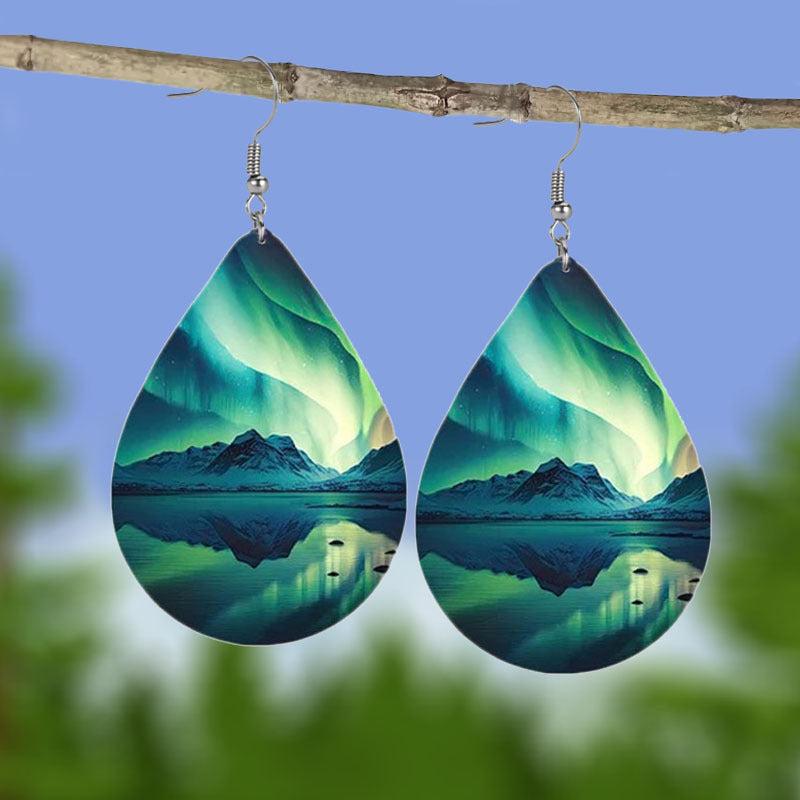 Green Aurora Reflection Drop Shaped Faux Leather Earrings