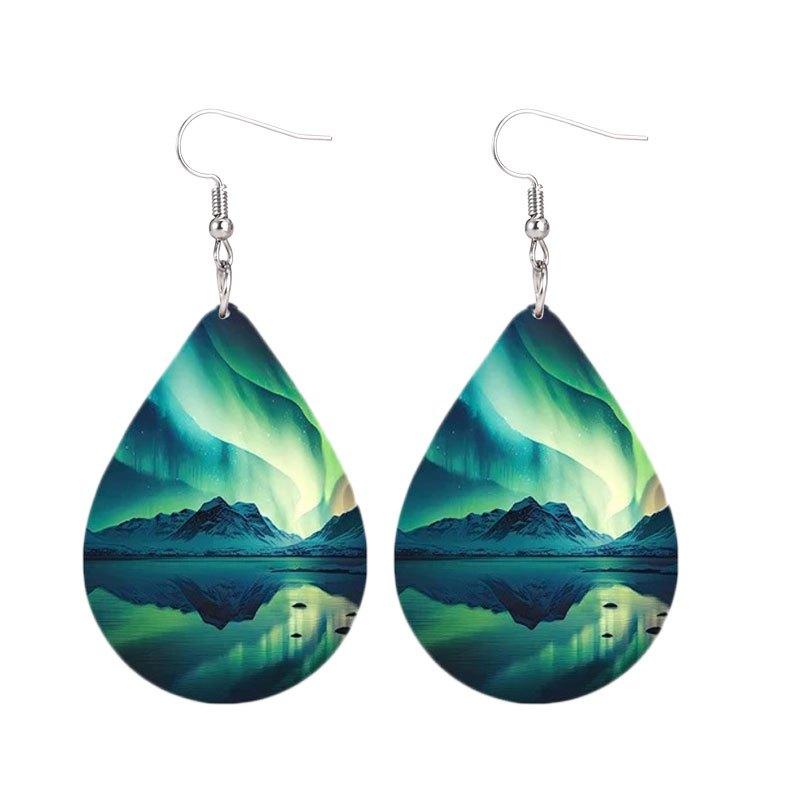 Green Aurora Reflection Drop Shaped Faux Leather Earrings