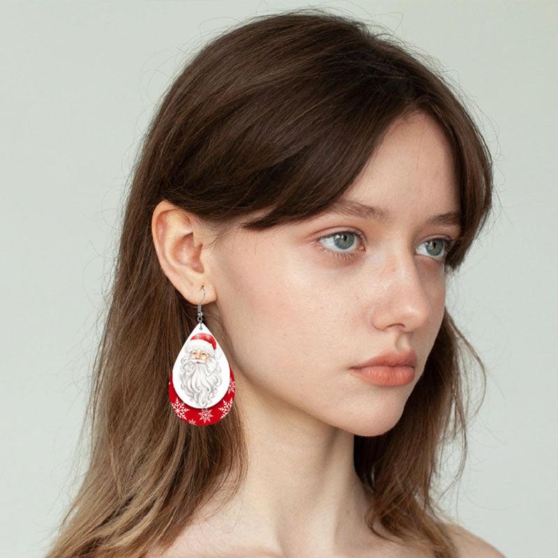 Snow Santa Faux Leather Teardrop Earrings Christmas Gift