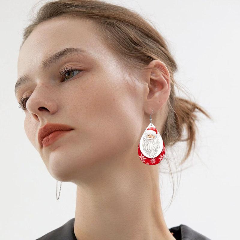 Snow Santa Faux Leather Teardrop Earrings Christmas Gift