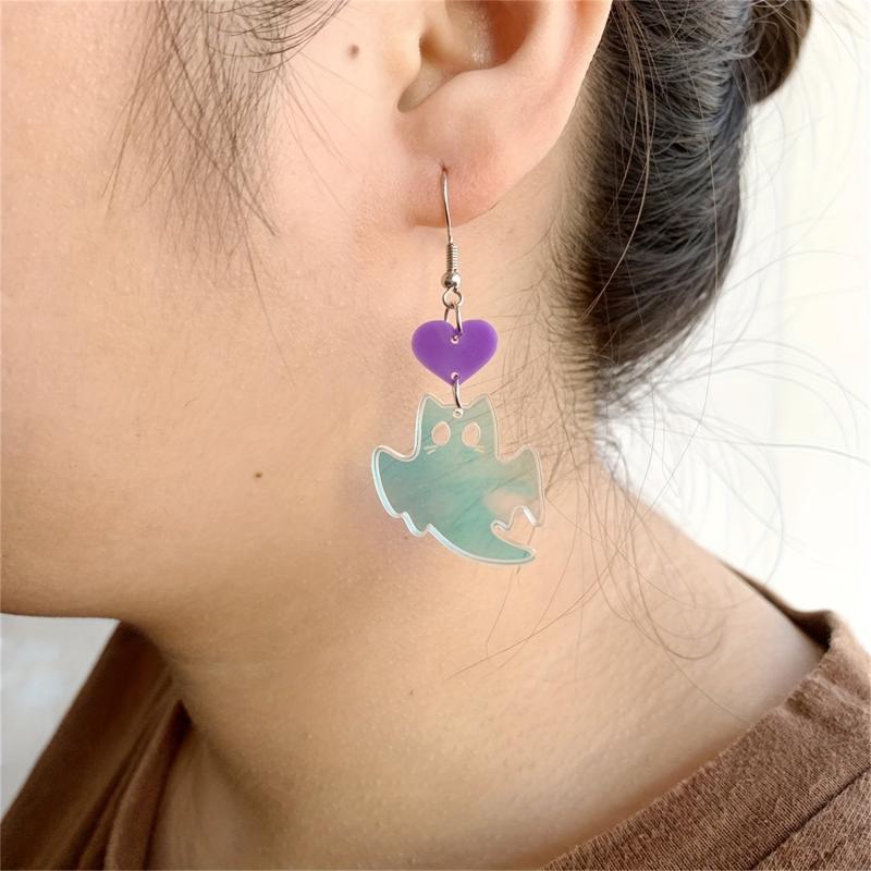 Acrylic Heart Dangle Halloween Earring Vintage Ghost Cat Jewelry