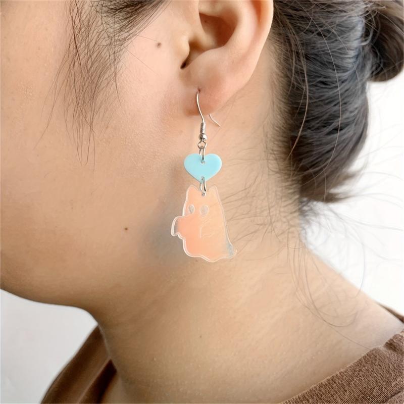 Acrylic Heart Dangle Halloween Earring Vintage Ghost Cat Jewelry