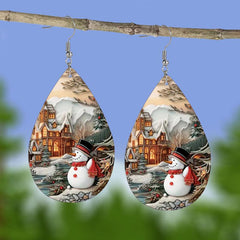 Christmas Snowman Teardrop Faux Leather Earrings