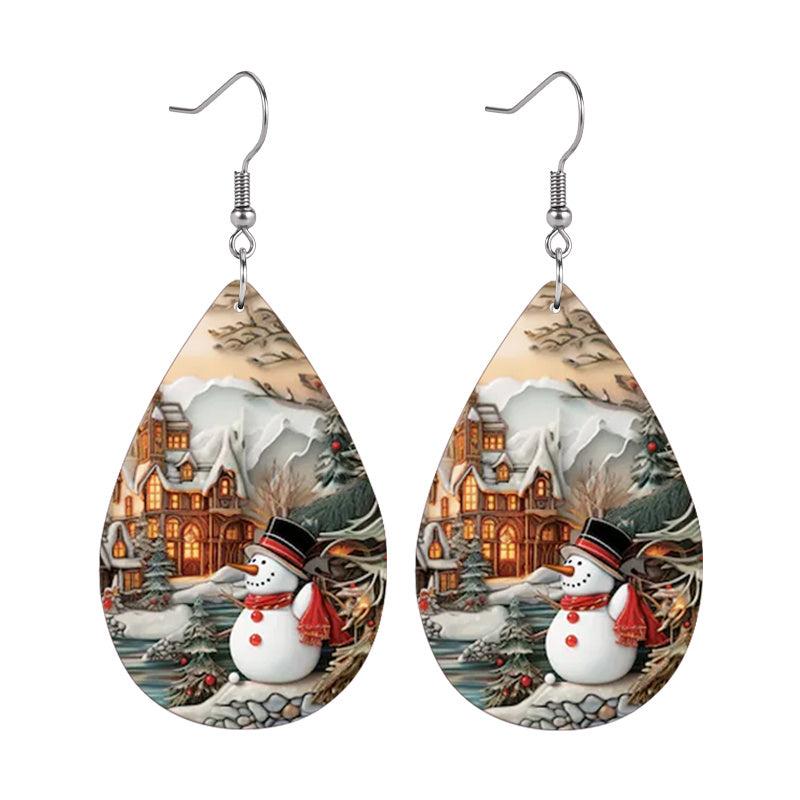 Christmas Snowman Teardrop Faux Leather Earrings