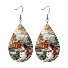 Christmas Snowman Teardrop Faux Leather Earrings