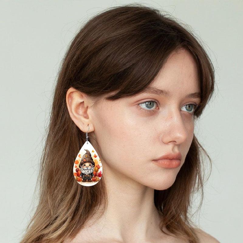 Maple Leaf Gnome Teardrop Faux Leather Earrings