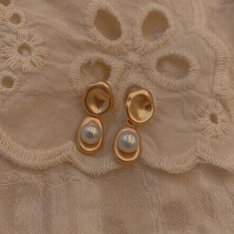 Vintage French Painting Style Rose Inlaid Pearl Silvery Needle Earrings
