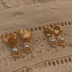 Vintage French Painting Style Rose Inlaid Pearl Silvery Needle Earrings