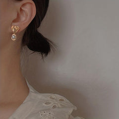 Vintage French Painting Style Rose Inlaid Pearl Silvery Needle Earrings
