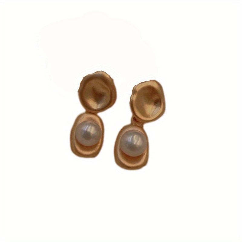 Vintage French Painting Style Rose Inlaid Pearl Silvery Needle Earrings