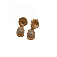 Vintage French Painting Style Rose Inlaid Pearl Silvery Needle Earrings