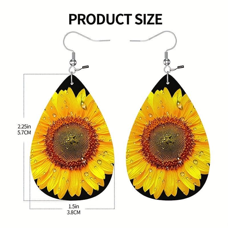 Sunflower Pattern Teardrop Dangle Earrings Bohemian Style PU Leather