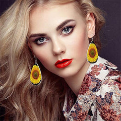 Sunflower Pattern Teardrop Dangle Earrings Bohemian Style PU Leather