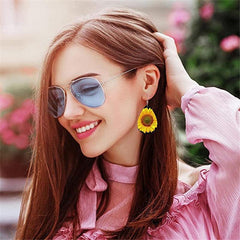 Sunflower Pattern Teardrop Dangle Earrings Bohemian Style PU Leather