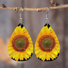 Sunflower Pattern Teardrop Dangle Earrings Bohemian Style PU Leather