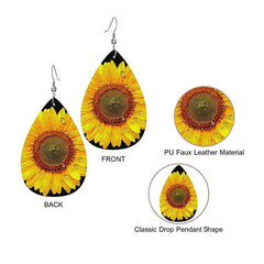 Sunflower Pattern Teardrop Dangle Earrings Bohemian Style PU Leather