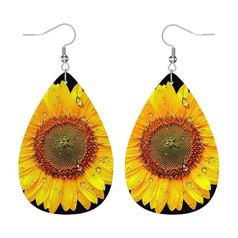 Sunflower Pattern Teardrop Dangle Earrings Bohemian Style PU Leather