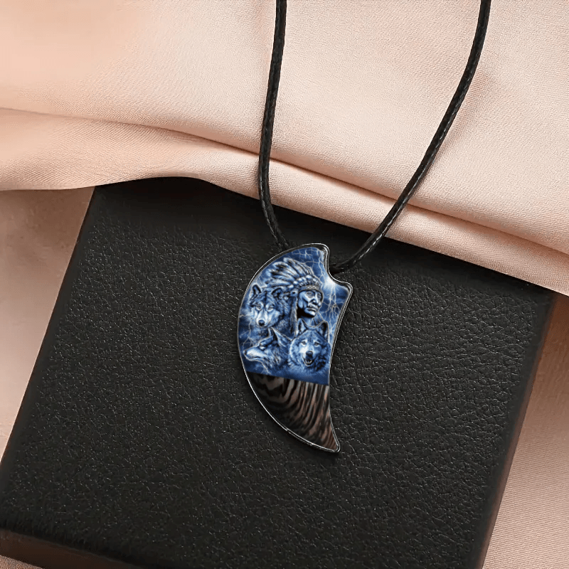 Retro Men Three Wolves Moon Shaped Necklace Banquet Party Jewelry