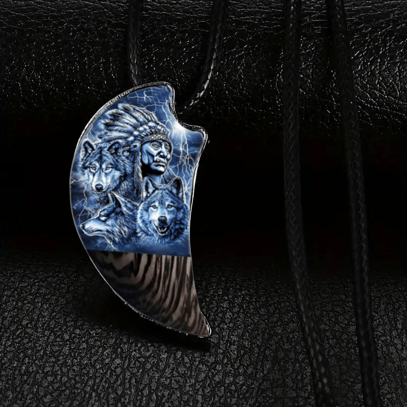 Retro Men Three Wolves Moon Shaped Necklace Banquet Party Jewelry