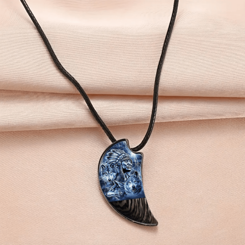 Retro Men Three Wolves Moon Shaped Necklace Banquet Party Jewelry