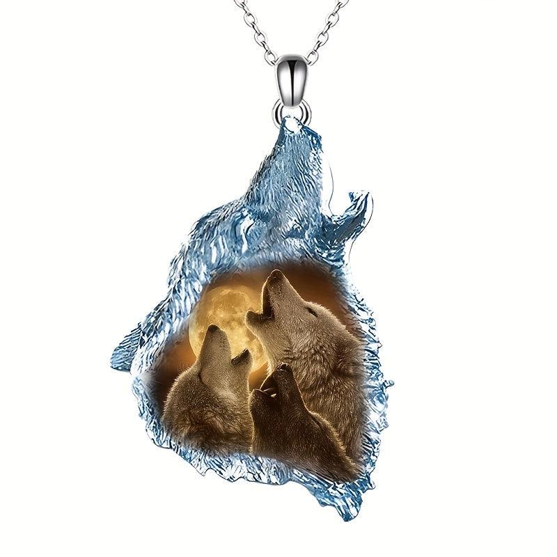 Wolf Triangle Crystal Pendant Necklace Animal Wolf Necklace Gift Men Women