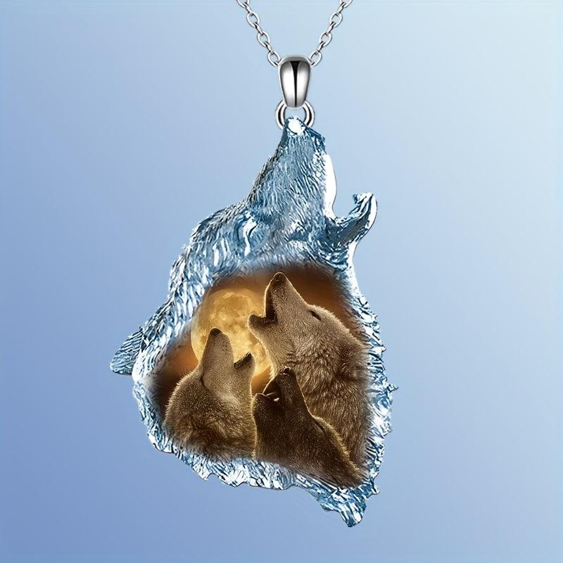 Wolf Triangle Crystal Pendant Necklace Animal Wolf Necklace Gift Men Women