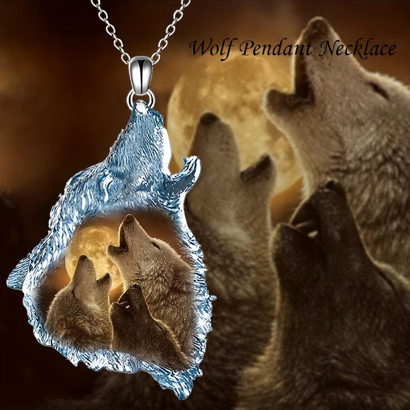 Wolf Triangle Crystal Pendant Necklace Animal Wolf Necklace Gift Men Women