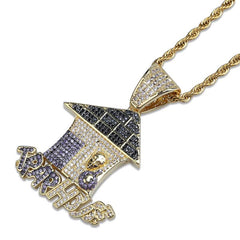 Funny Cartoon Christmas House Zircon Pendant Hip Hop Necklace