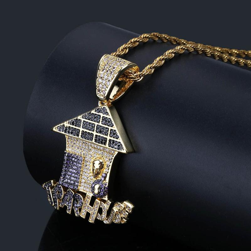 Funny Cartoon Christmas House Zircon Pendant Hip Hop Necklace