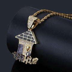 Funny Cartoon Christmas House Zircon Pendant Hip Hop Necklace