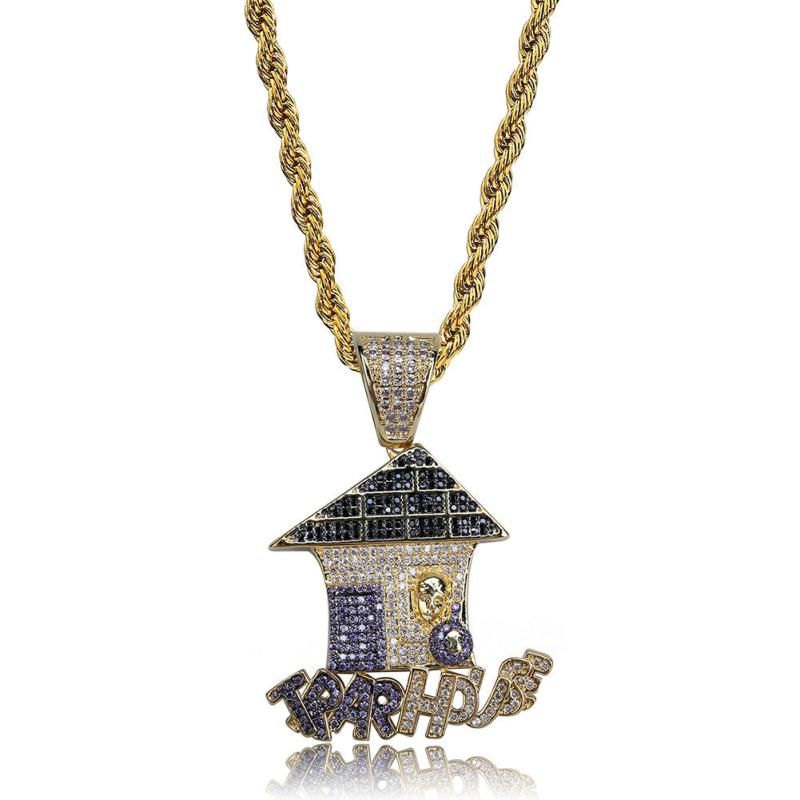 Funny Cartoon Christmas House Zircon Pendant Hip Hop Necklace