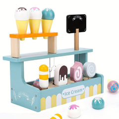 Wooden Ice Cream Counter Play Set for Kids Pretend Play Kitchen Food Toy