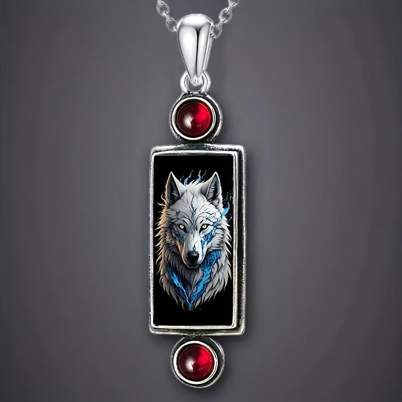 Gothic Wolf Pendant Necklace with Red Faux Gemstone Halloween Jewelry