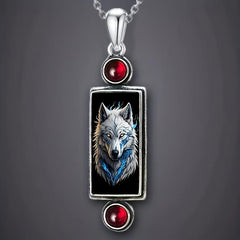 Gothic Wolf Pendant Necklace with Red Faux Gemstone Halloween Jewelry