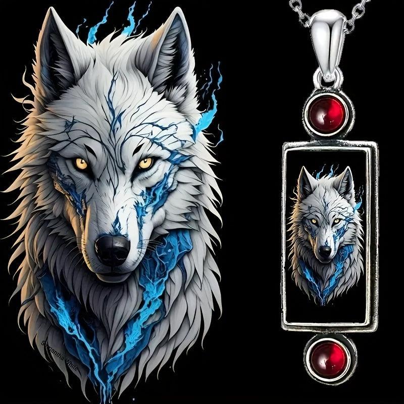 Gothic Wolf Pendant Necklace with Red Faux Gemstone Halloween Jewelry