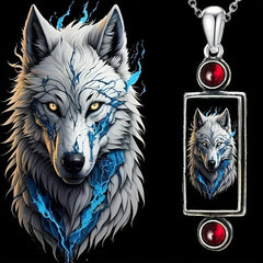 Gothic Wolf Pendant Necklace with Red Faux Gemstone Halloween Jewelry
